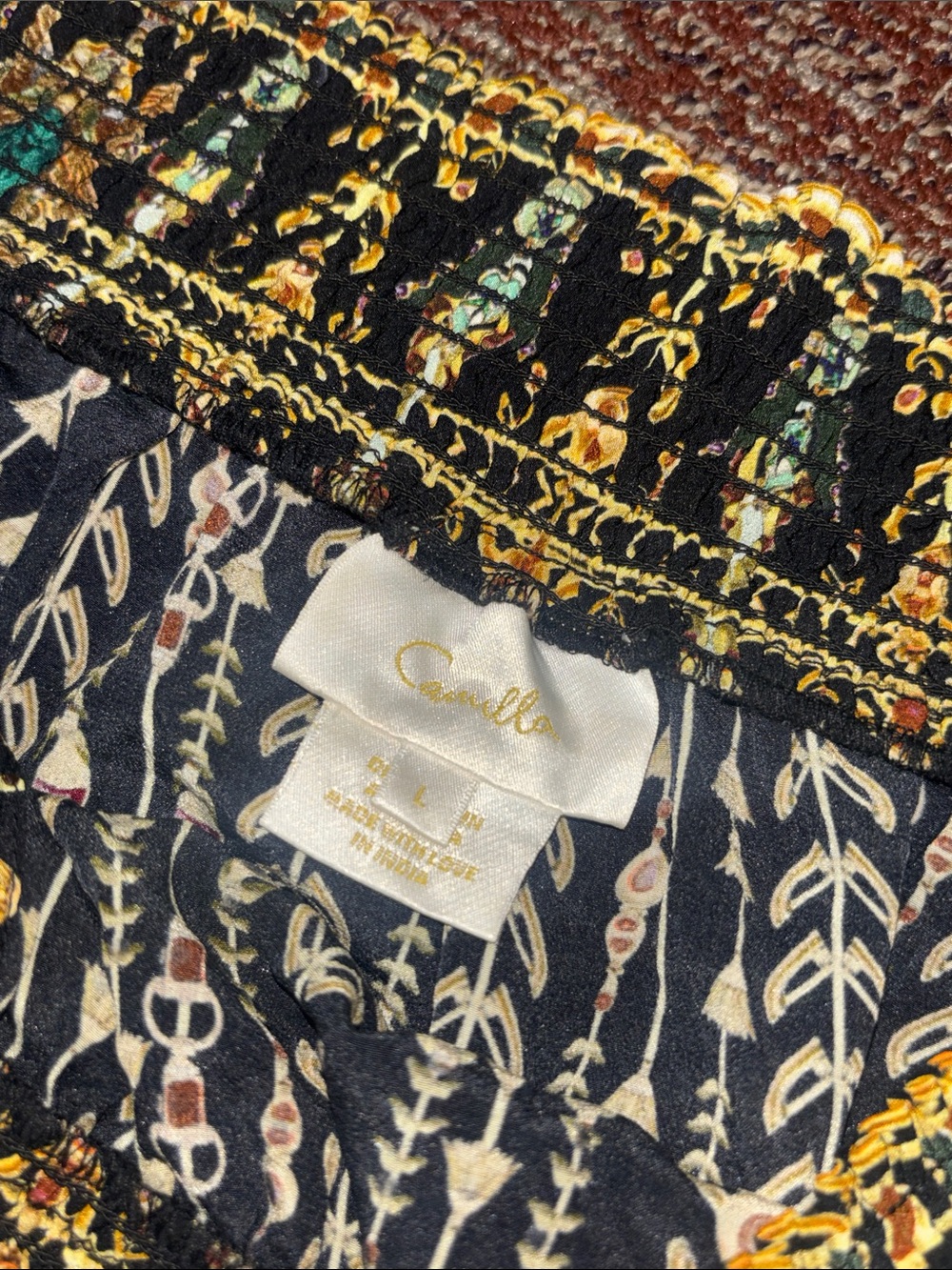 Camilla off the shoulder printed silk crepe de chine mini dress smocked gemstone - Picture 10 of 16